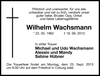 Traueranzeige von Wilhelm Wachsmann von Neue Presse Coburg