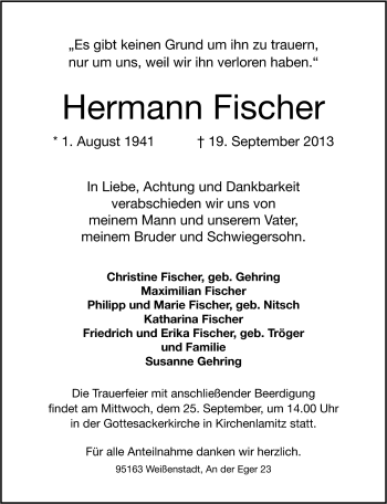 Traueranzeige von Hermann Fischer von Frankenpost