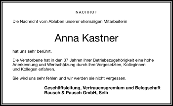 Traueranzeige von Anna Kastner von Frankenpost