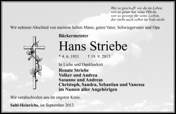 Traueranzeige von Hans Striebe von Südthüringer Presse