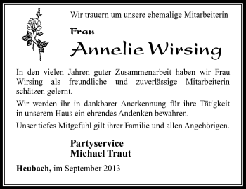 Traueranzeige von Annelie Wirsing von Südthüringer Presse