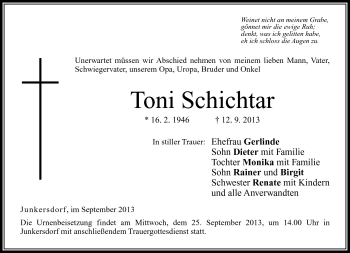Traueranzeige von Toni Schichtar von Neue Presse Coburg