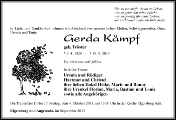 Traueranzeige von Gerda Kämpf von Südthüringer Presse