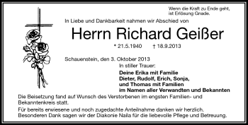 Traueranzeige von Richard Geißer von Frankenpost