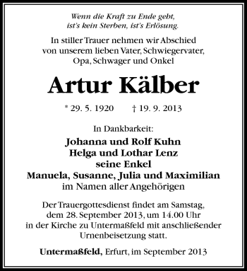 Traueranzeige von Artur Kälber von Südthüringer Presse