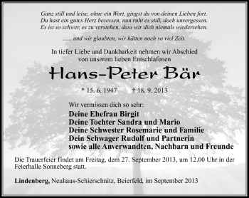 Traueranzeige von Hans-Peter Bär von Südthüringer Presse