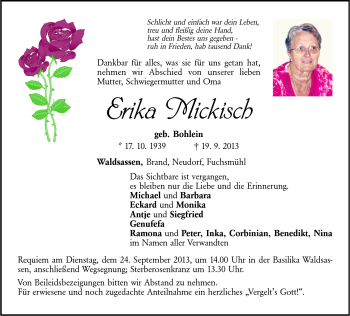 Traueranzeige von Erika Mickisch von Frankenpost