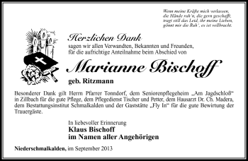 Traueranzeige von Marianne Bischoff von Südthüringer Presse