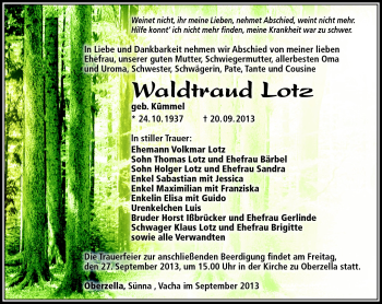 Traueranzeige von Waldtraud Lotz von Südthüringer Presse