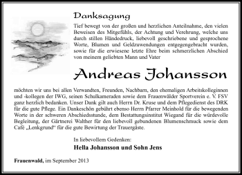 Traueranzeige von Andreas Johansson von Südthüringer Presse