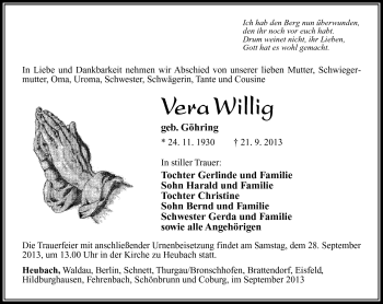 Traueranzeige von Vera Willig von Südthüringer Presse