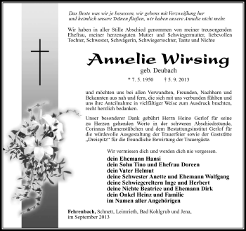 Traueranzeige von Anneliese Wissing von Südthüringer Presse