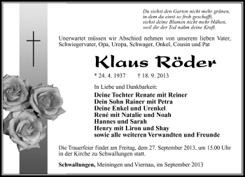 Traueranzeige von Klaus Röder von Südthüringer Presse
