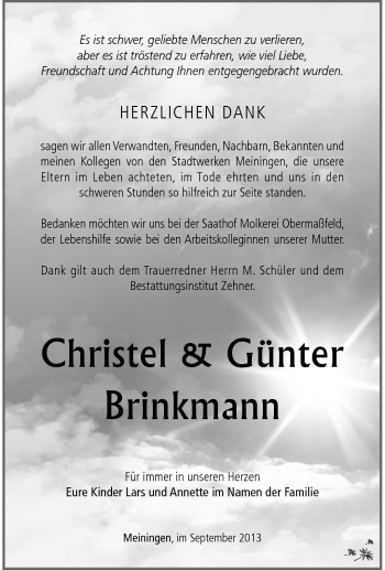 Traueranzeige von ChristelGünter BrinkmannBrinkmann von Südthüringer Presse
