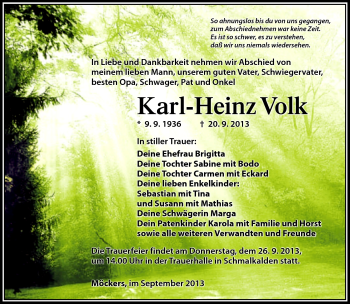 Traueranzeige von Karl-Heinz Volk von Südthüringer Presse