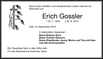 Traueranzeige von Erich Gossler von Frankenpost