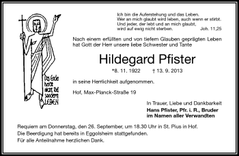 Traueranzeige von Hildegard Pfister von Frankenpost