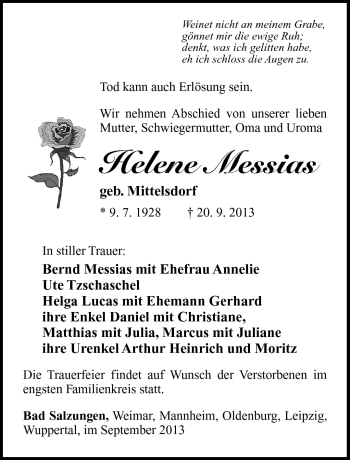 Traueranzeige von Helene Messias von Südthüringer Presse