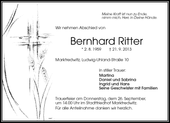 Traueranzeige von Bernhard Ritter von Frankenpost