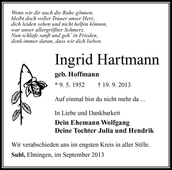 Traueranzeige von Ingrid Hartmann von Südthüringer Presse