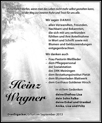 Traueranzeige von Heinz Wagner von Südthüringer Presse