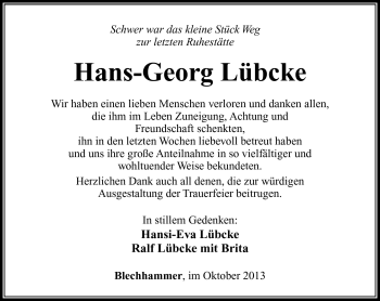 Traueranzeige von Hans-Georg Lübcke von Südthüringer Presse