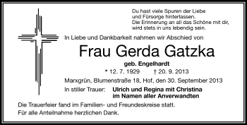 Traueranzeige von Gerda Gatzka von Frankenpost