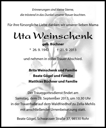 Traueranzeige von Uta Weinschenk von Südthüringer Presse