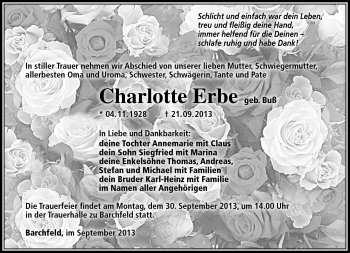 Traueranzeige von Charlotte Erbe von Südthüringer Presse