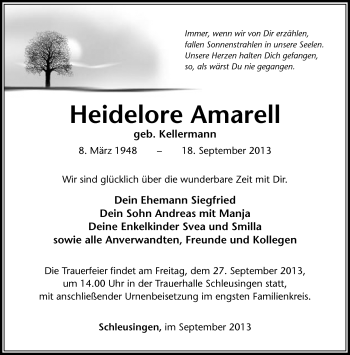 Traueranzeige von Heidelore Amarell von Südthüringer Presse