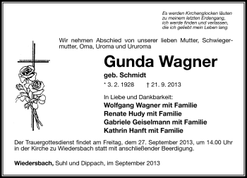 Traueranzeige von Gunda Wagner von Südthüringer Presse