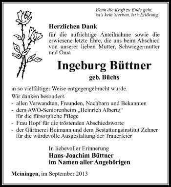 Traueranzeige von Ingeborg Büttner von Südthüringer Presse