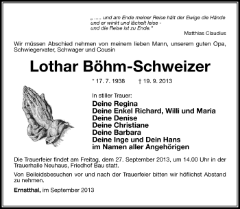 Traueranzeige von Lothar Böhm-Schweizer von Südthüringer Presse
