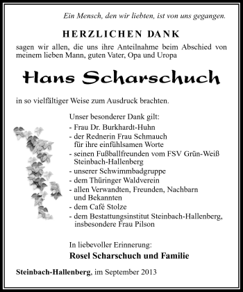 Traueranzeige von Hans Scharschuch von Südthüringer Presse