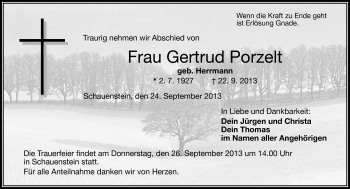 Traueranzeige von Gertrud Porzelt von Frankenpost