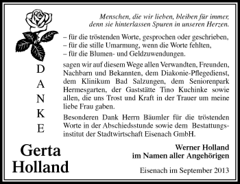 Traueranzeige von Gerta Holland von Südthüringer Presse