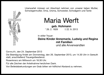 Traueranzeige von Maria Werft von Neue Presse Coburg