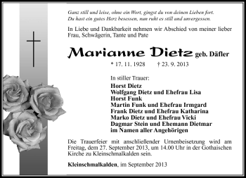 Traueranzeige von Marianne Dietz von Südthüringer Presse