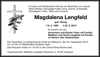 Traueranzeige von Magdalena Lengfeld von Frankenpost