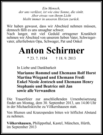 Traueranzeige von Anton Schirmer von Südthüringer Presse