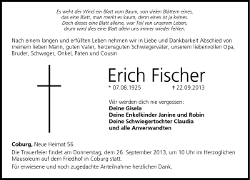 Traueranzeige von Erich Fischer von Neue Presse Coburg