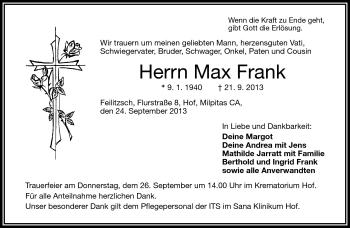 Traueranzeige von Max Frank von Frankenpost