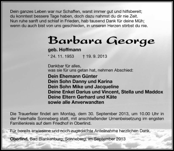 Traueranzeige von Barbara George von Südthüringer Presse