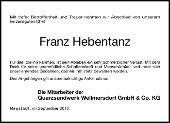 Traueranzeige von Franz Hebentanz von Neue Presse Coburg