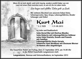Traueranzeige von Kurt Mai von Südthüringer Presse