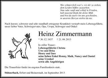 Traueranzeige von Heinz Zimmermann von Südthüringer Presse