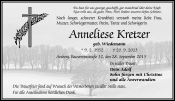 Traueranzeige von Anneliese Kretzer von Frankenpost