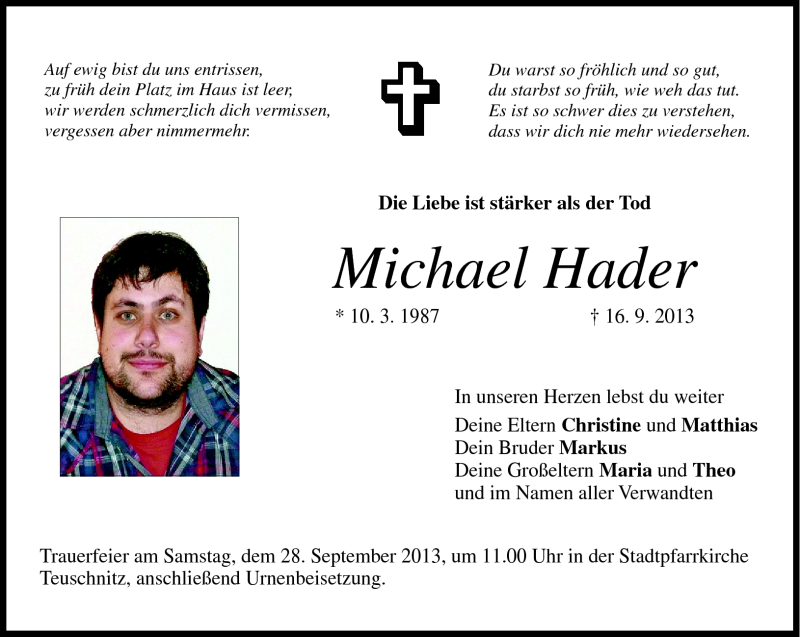  Traueranzeige für Michael Hader vom 25.09.2013 aus Neue Presse Coburg
