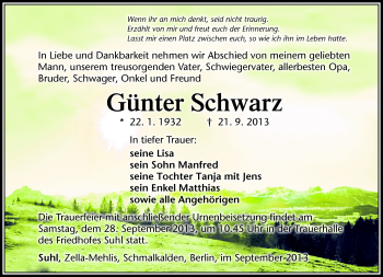 Traueranzeige von Günter Schwarz von Südthüringer Presse