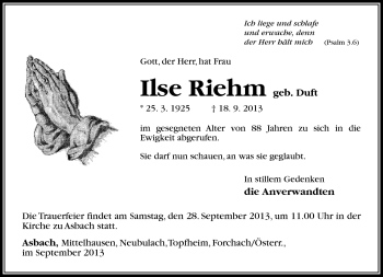 Traueranzeige von Ilse Riehm von Südthüringer Presse